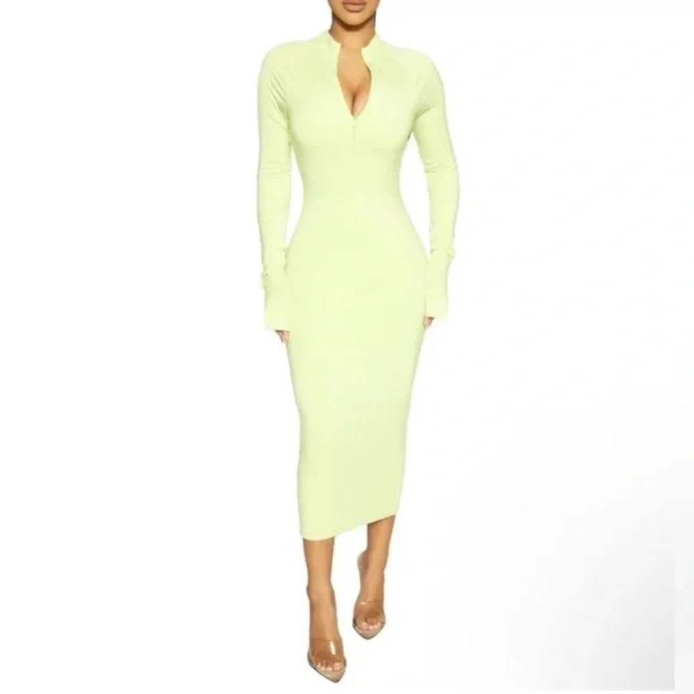 naked green dress Naked Wardrobe Plunge Neck Long Sleeve Stretch Jersey Maxi Dress in Green